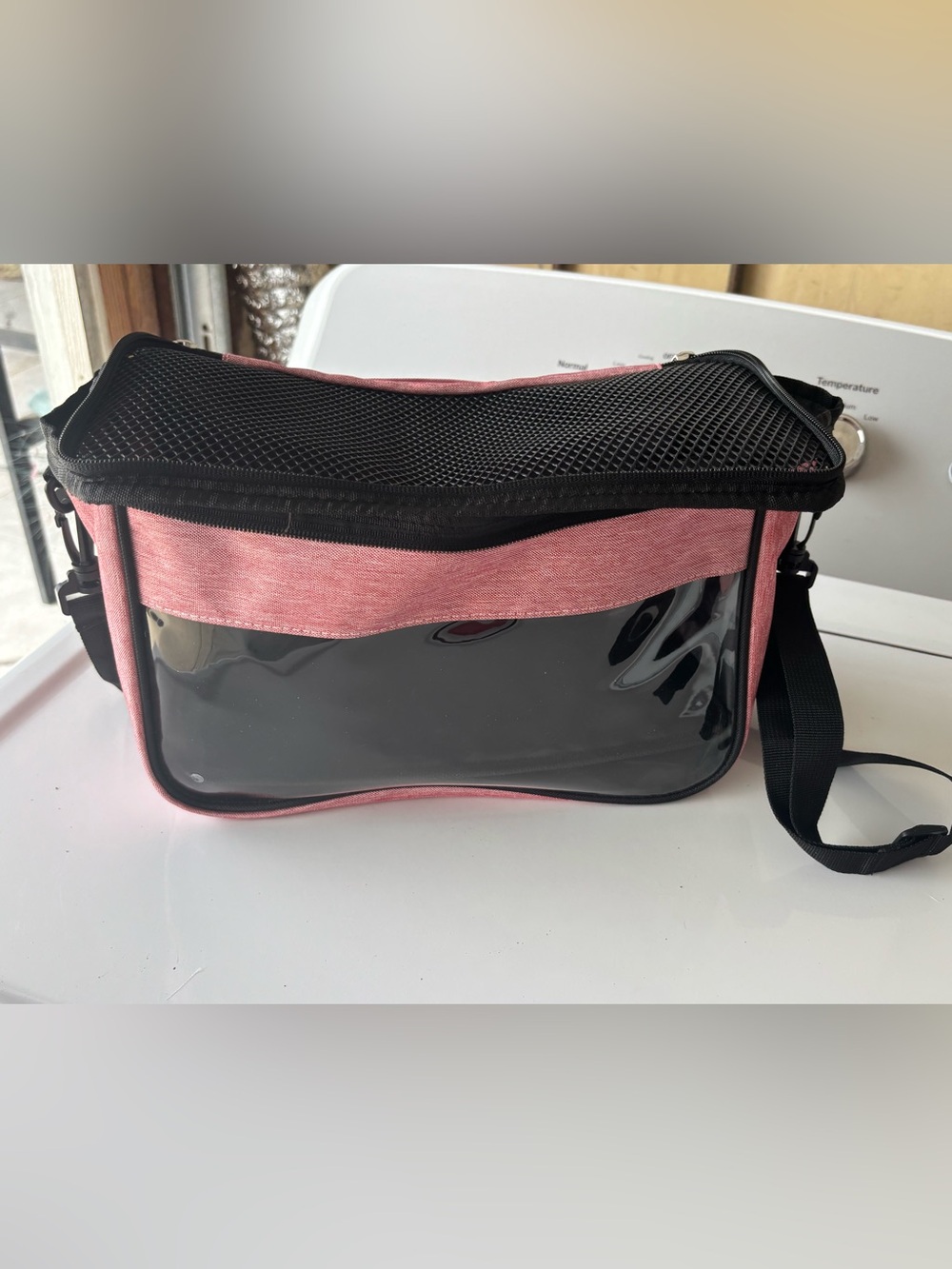 Pink Clear-Front Pet Carrier with Mesh Top and Adjustable Strap
